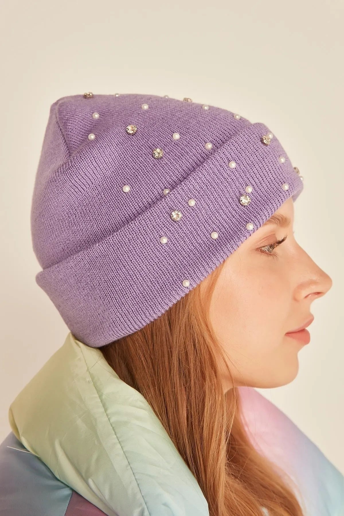 Plain Wool Lilac Beanie With Pearls