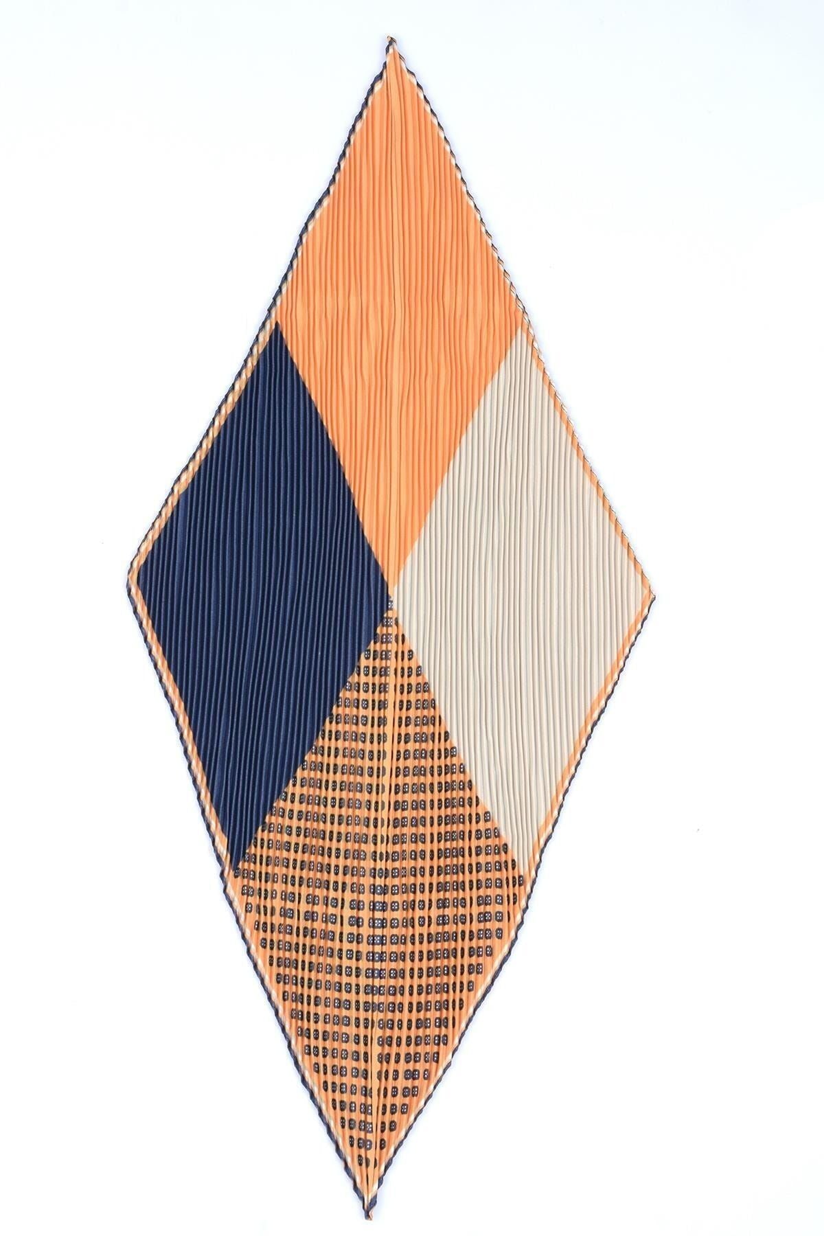 Blue, Orange, Beige Diapering Geometric Pleated Scarf