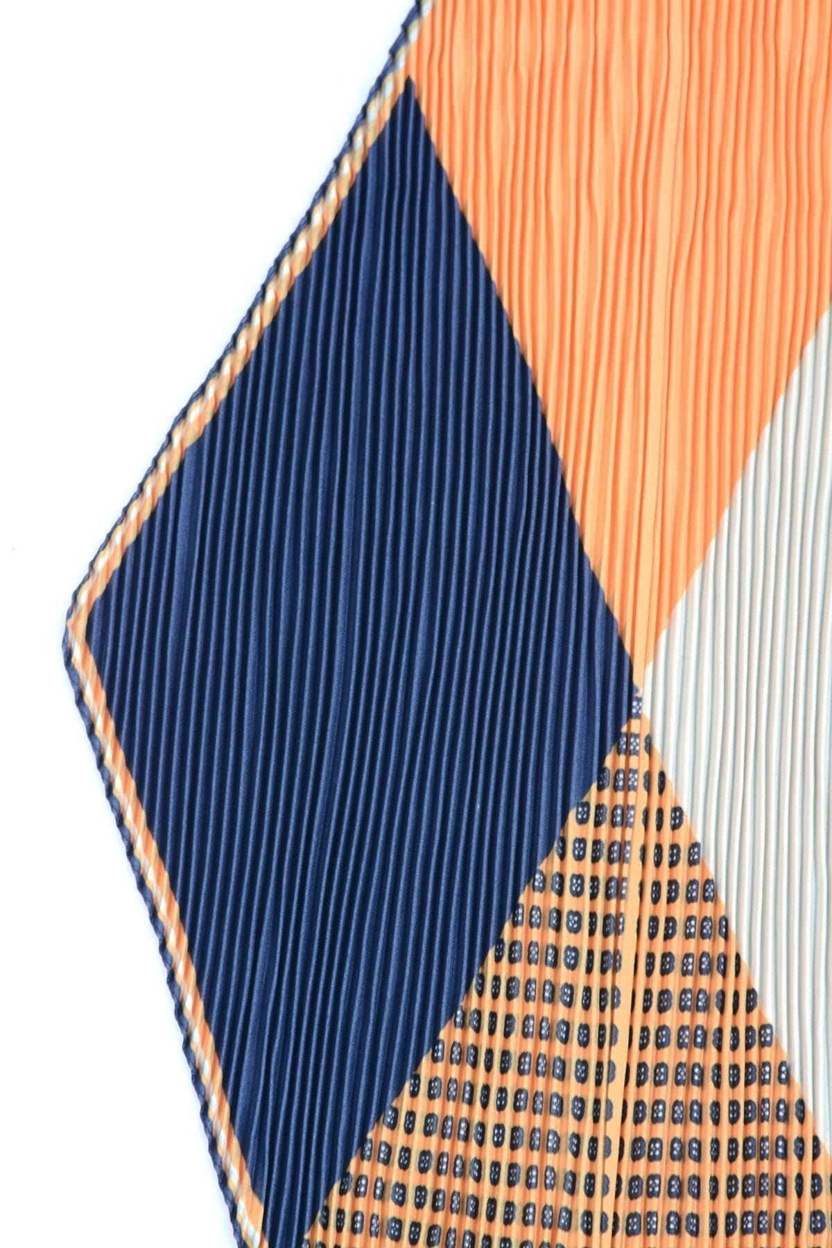 Blue, Orange, Beige Diapering Geometric Pleated Scarf