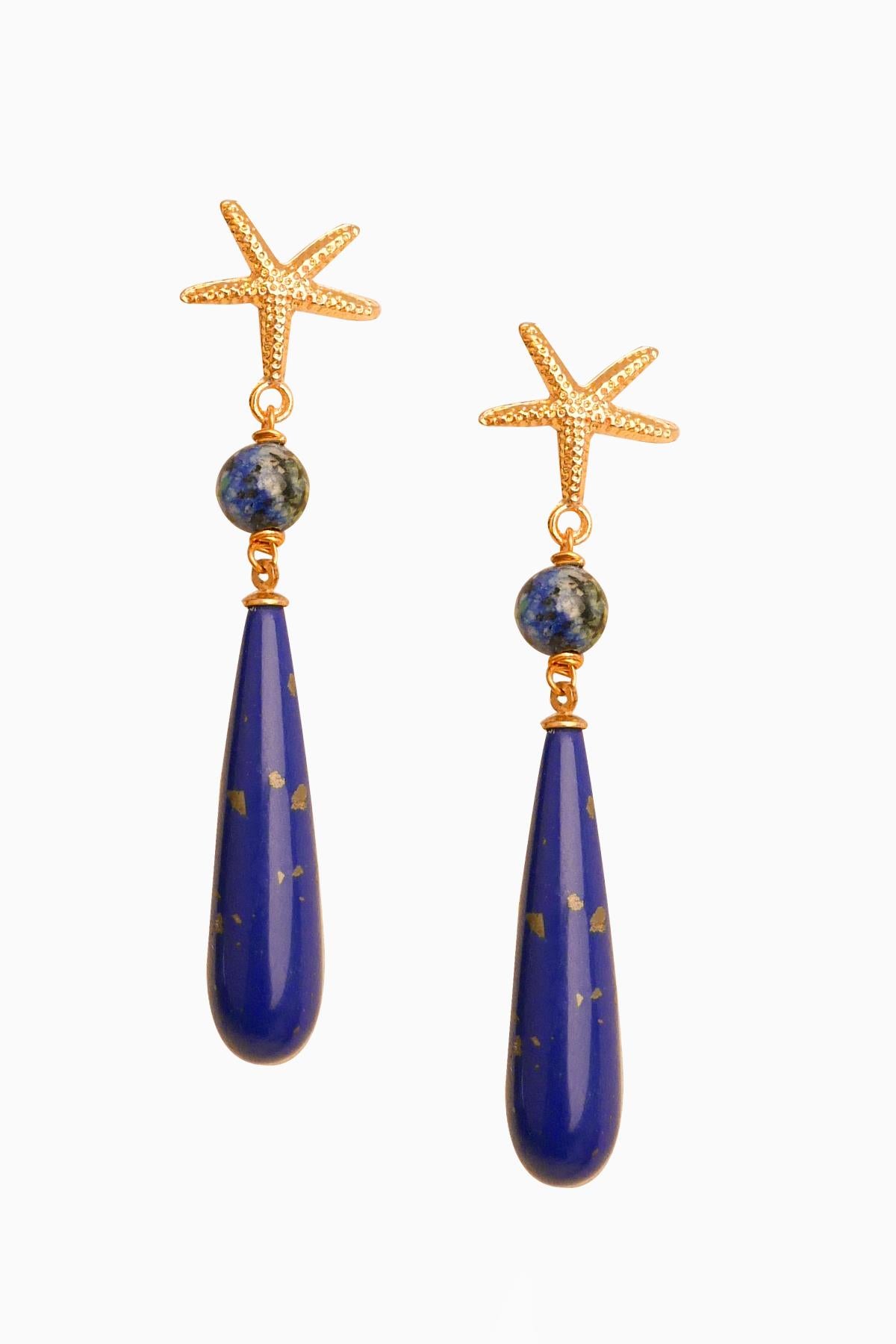 Azurite Stone Starfish Earrings Gold Plated
