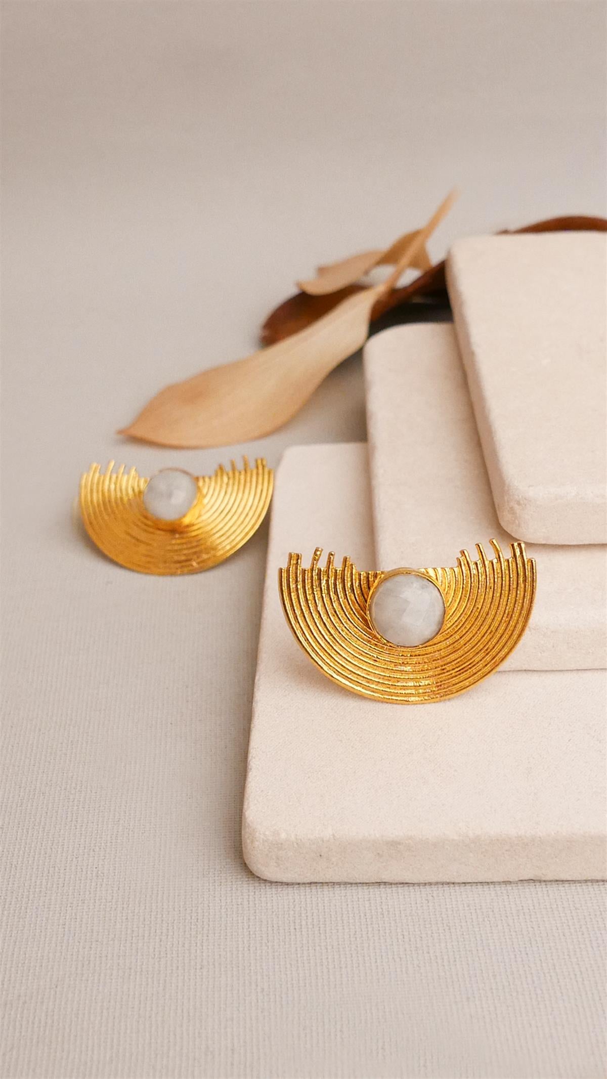 White Quartz Half Circle Earrings Gold Plated