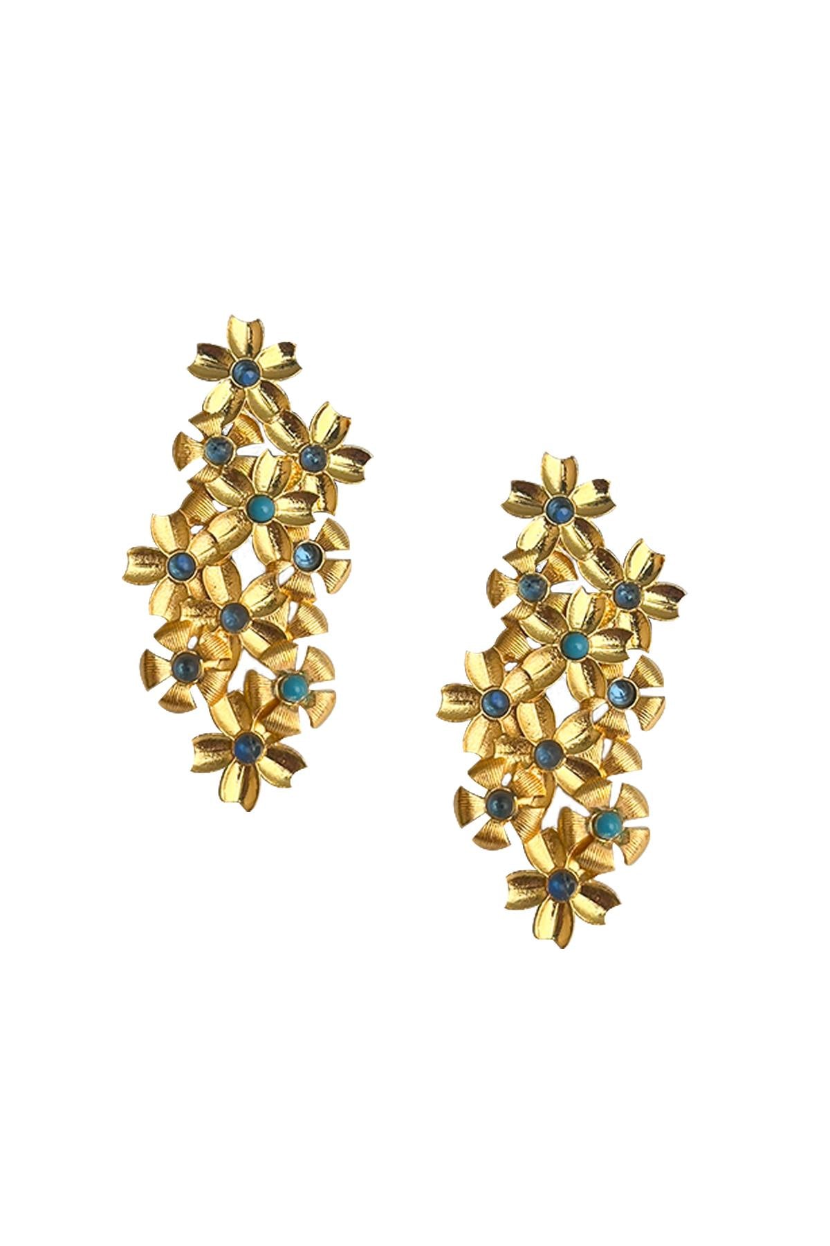 Blue Agate Flower Earrings Gold Plated