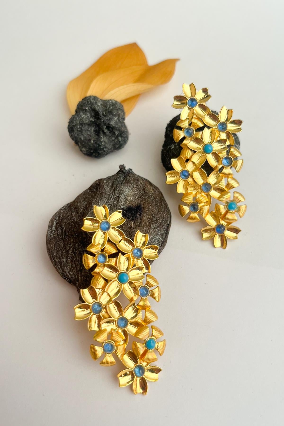 Blue Agate Flower Earrings Gold Plated