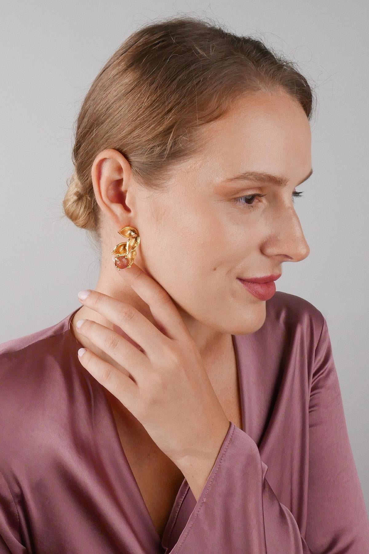 Pink Agate Leaf Earrings Gold Plated