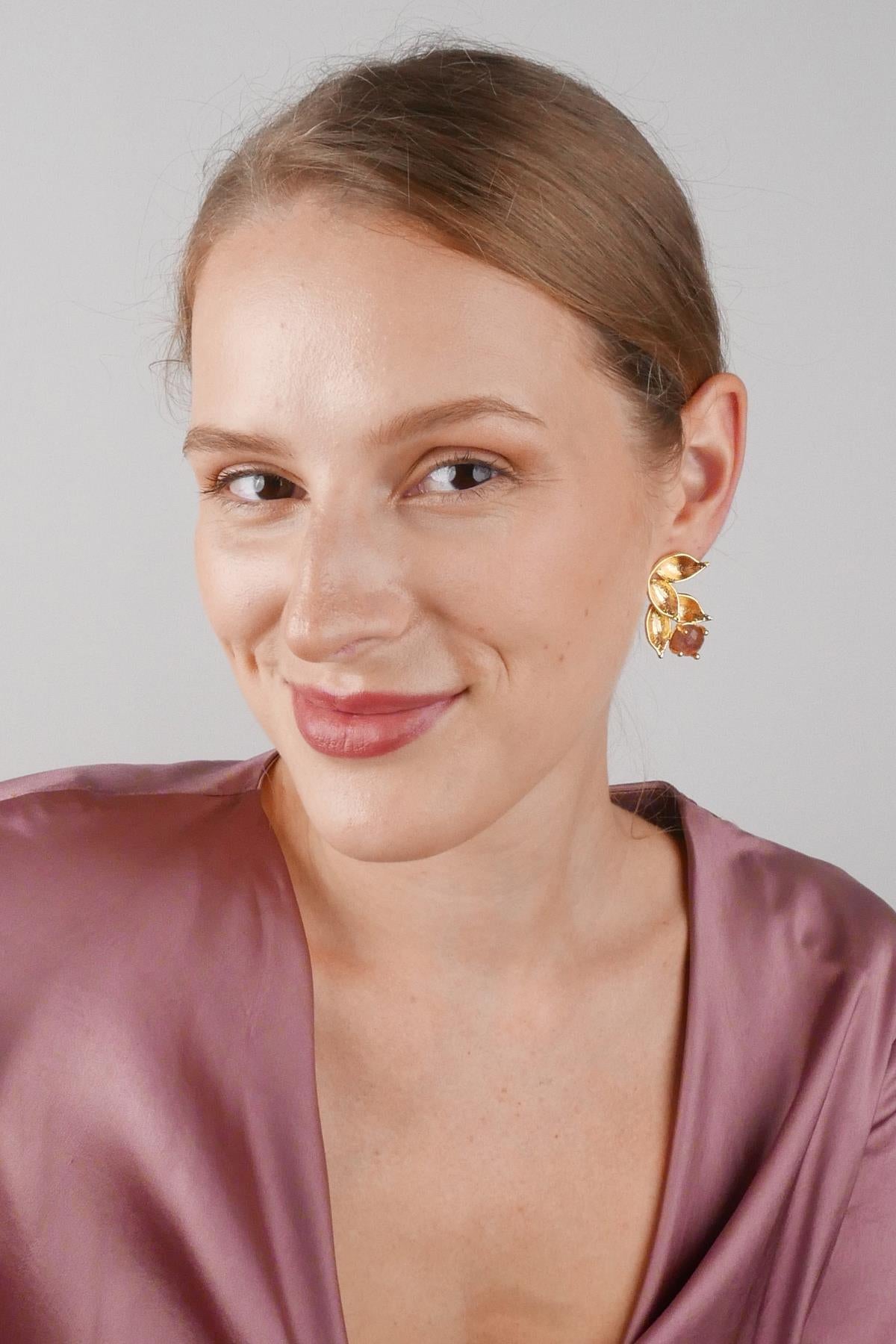 Pink Agate Leaf Earrings Gold Plated