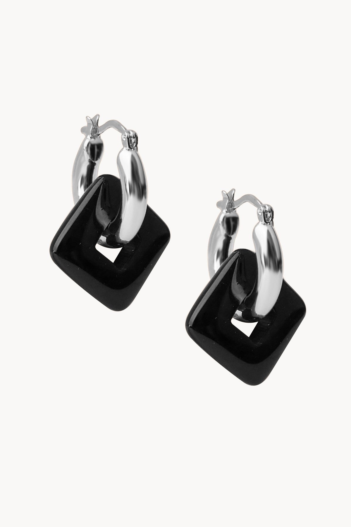 Black Onyx Huggie Hoop Earrings Silver Plated