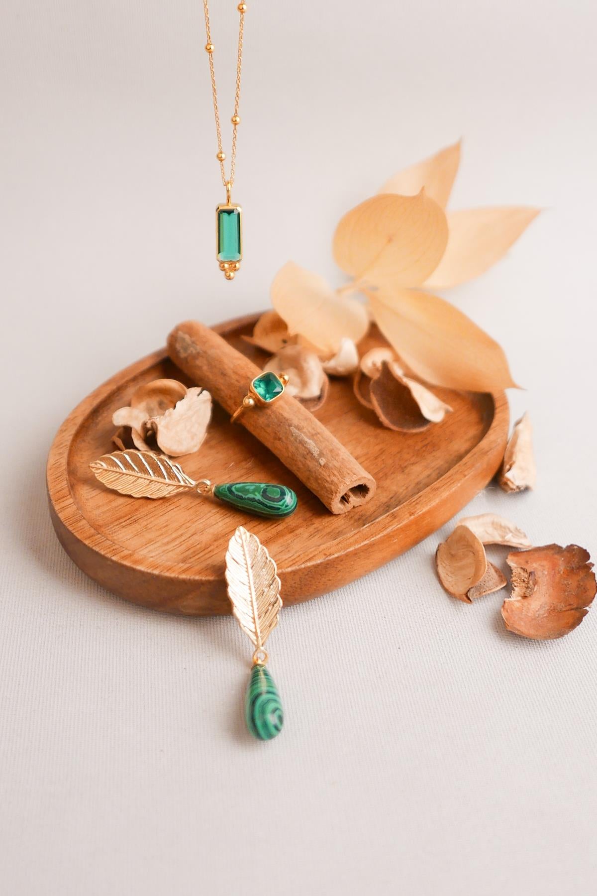 Feather Malachite Stone Earrings Gold Plated