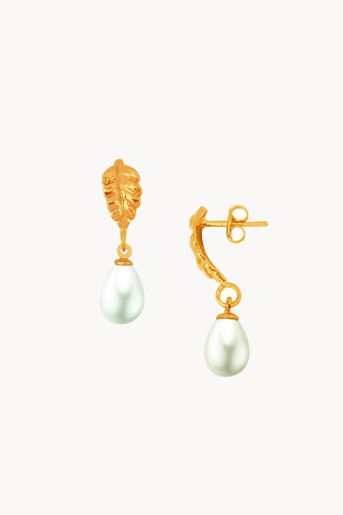 Natural White Water Pearl Gold Plated Leaf Earrings
